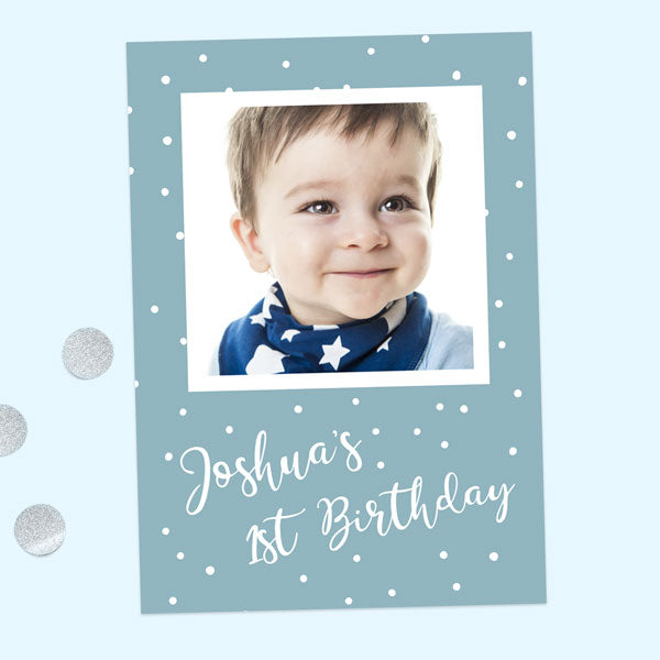 1st Birthday Invitations - Blue Dots Typography - Pack of 10