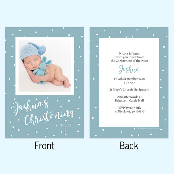 Christening Invitations - Blue Dots Typography - Use Your Own Photo - Pack of 10