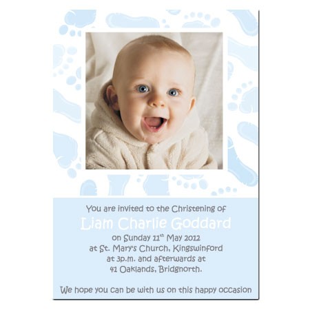Christening Invitations - Blue Footprints - Use Own Photo - Postcard - Pack of 10
