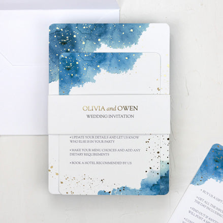 Blue Inkwash - Foil Wedding Invitation & Information Card Suite