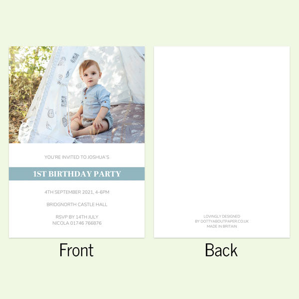 1st Birthday Invitations - Blue Photo Typography - Pack of 10