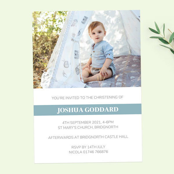 Christening Invitations - Blue Photo Typography - Pack of 10