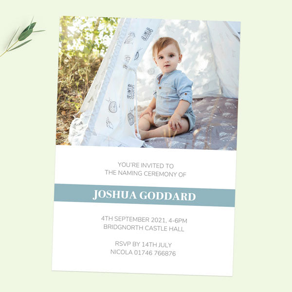 Naming Ceremony Invitations - Blue Photo Typography - Pack of 10