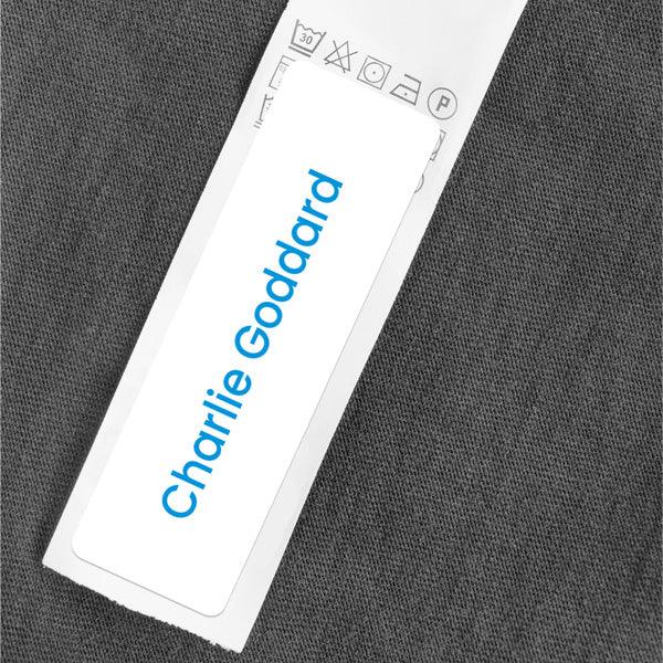 Medium Personalised Stick On Waterproof (Clothing/Equipment) Name Labels - Blue Text - Pack of 36