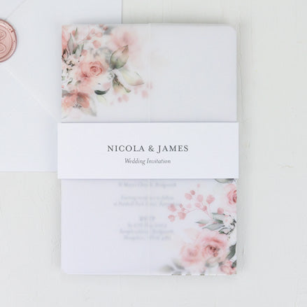 Blush Pink Flowers Wedding Invitation with Vellum Wrap