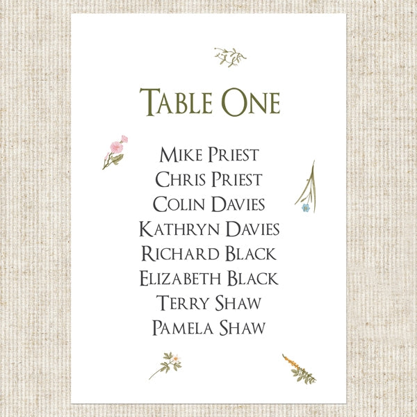 Botanical Garden - Table Plan Cards