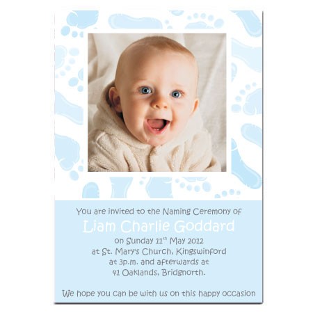 Naming Ceremony Invitations - Blue Footprints - Use Your Own Photo