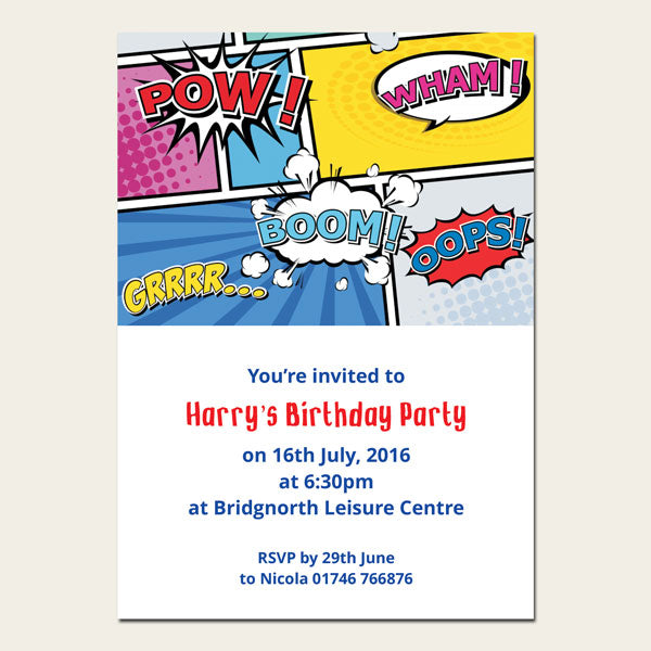 Personalised Kids Birthday Invitations - Boys Comic Party - Pack of 10