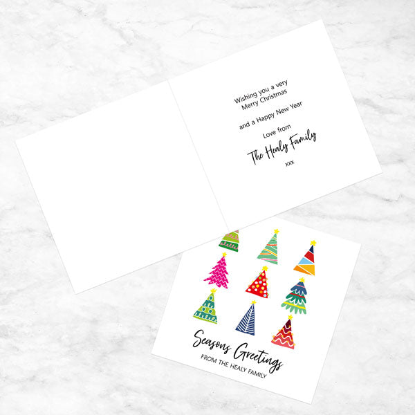 Personalised Christmas Cards - Bright Christmas Trees - Pack of 10