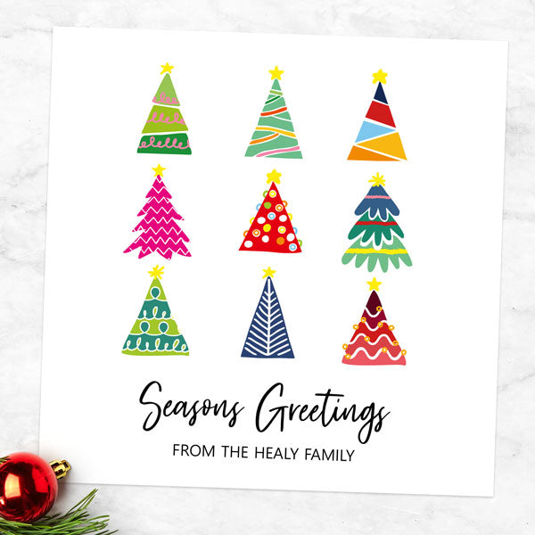 Personalised Christmas Cards - Bright Christmas Trees - Pack of 10