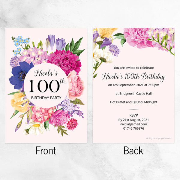 100th Birthday Invitations - Bright Summer Flowers - Pack of 10