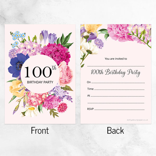 100th Birthday Invitations - Bright Summer Flowers - Pack of 10