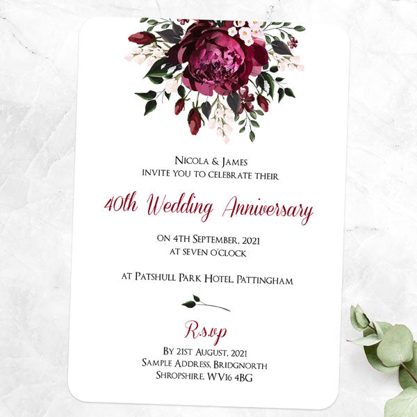 40th Wedding Anniversary Invitations - Burgundy Peony Bouquet