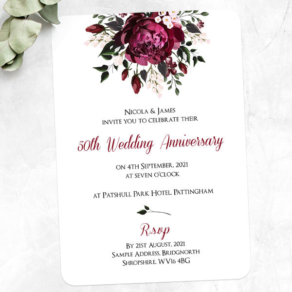 50th Wedding Anniversary Invitations - Burgundy Peony Bouquet