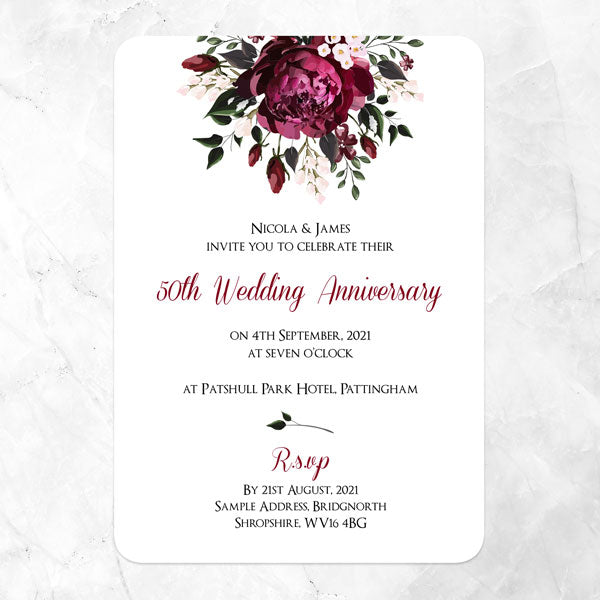 50th Wedding Anniversary Invitations - Burgundy Peony Bouquet