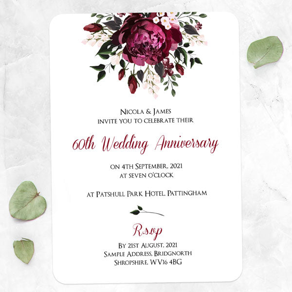 60th Wedding Anniversary Invitations - Burgundy Peony Bouquet