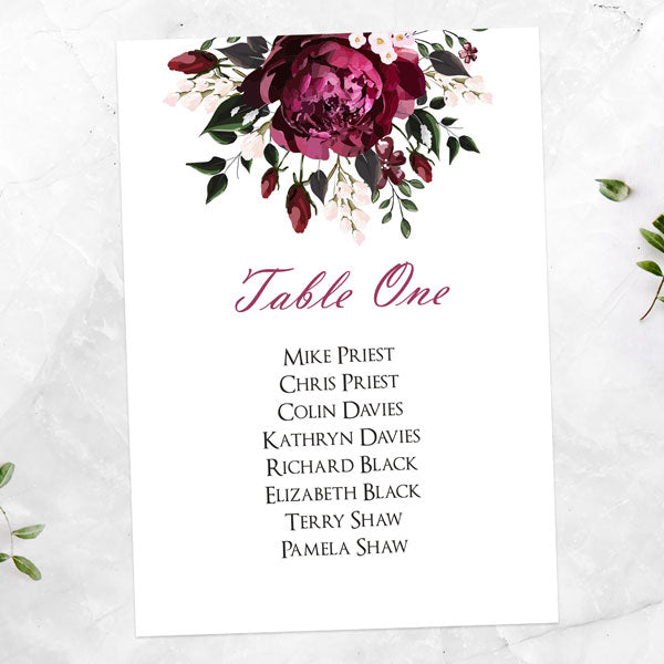 Burgundy Peony Bouquet - Table Plan Cards