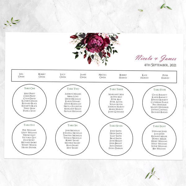 Burgundy Peony Bouquet - Table Plan