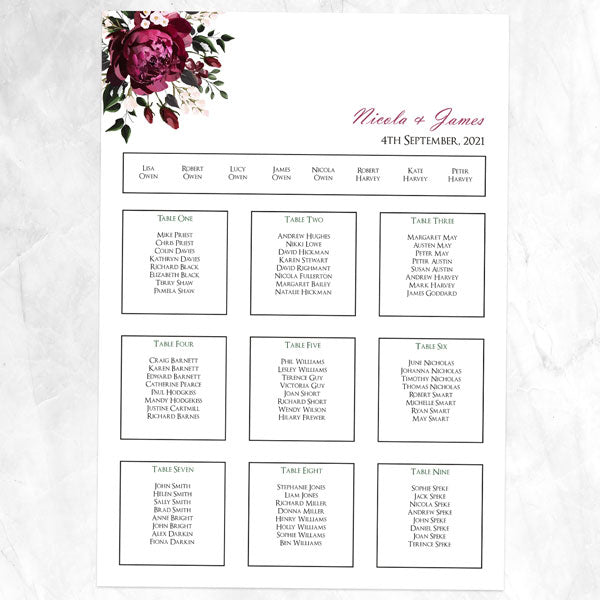 Burgundy Peony Bouquet - Table Plan