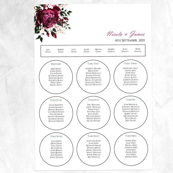 Burgundy Peony Bouquet - Table Plan