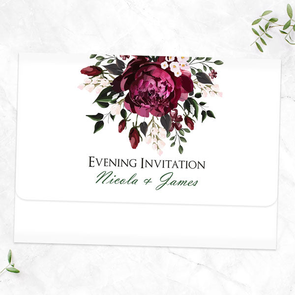 Burgundy Peony Bouquet - Tri Fold Evening Invitation & RSVP