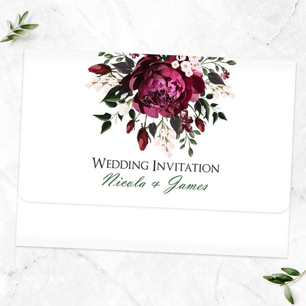 Burgundy Peony Bouquet - Tri Fold Wedding Invitation & RSVP