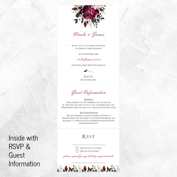 Burgundy Peony Bouquet - Tri Fold Evening Invitation & RSVP