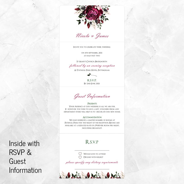 Burgundy Peony Bouquet - Tri Fold Wedding Invitation & RSVP