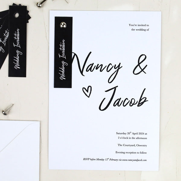 category header image Calligraphy Heart Names Wedding Invitation with Split Pin