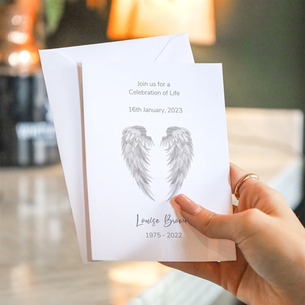 Funeral Celebration of Life Invitations - Grey Angel Wings