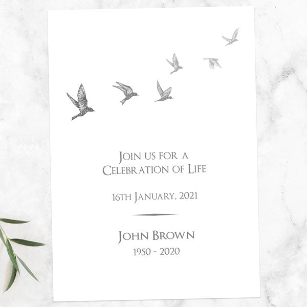 Funeral Celebration of Life Invitations - Grey Flying Birds