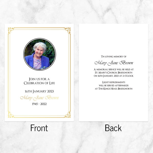 Foil Funeral Celebration of Life Invitations - Gold Elegant Frame