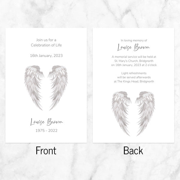 Funeral Celebration of Life Invitations - Grey Angel Wings