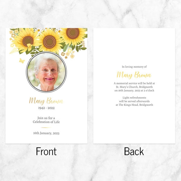 Foil Funeral Celebration of Life Invitations - Sunflowers