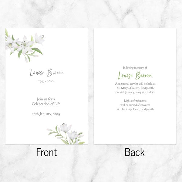 Foil Funeral Celebration of Life Invitations - White Lilies Photo