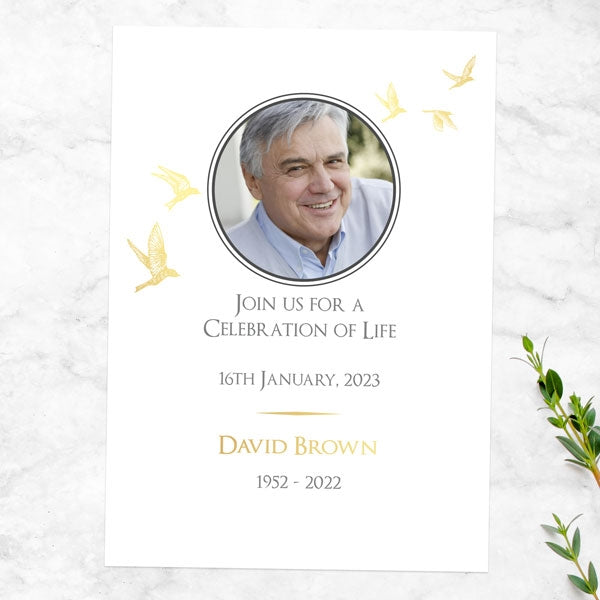 Foil Funeral Celebration of Life Invitations - Gold Flying Birds Photo