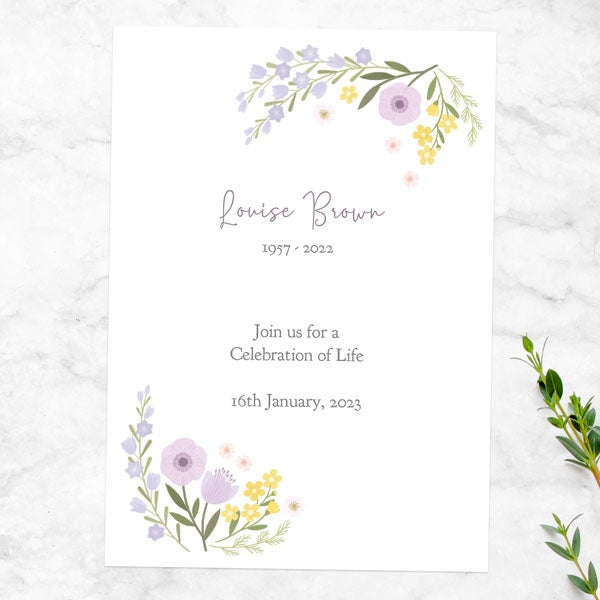 Funeral Celebration of Life Invitations - Lemon & Lilac Flowers Border