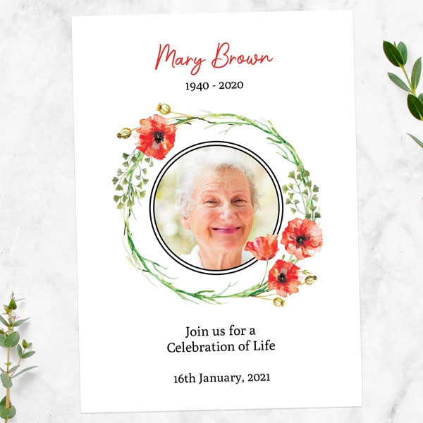 Funeral Celebration of Life Invitations - Watercolour Poppy Garland