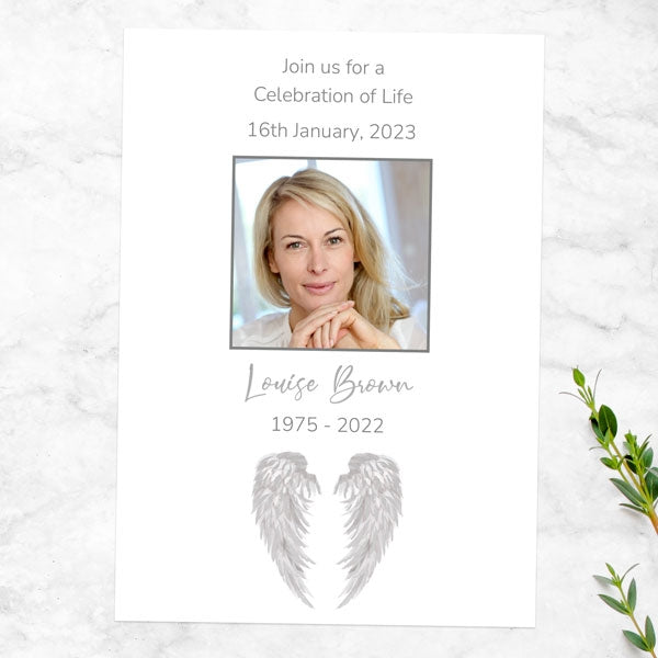 Foil Funeral Celebration of Life Invitations - Silver Angel Wings