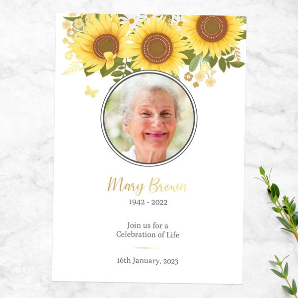 Foil Funeral Celebration of Life Invitations - Sunflowers