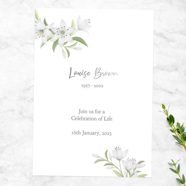 Foil Funeral Celebration of Life Invitations - White Lilies Photo