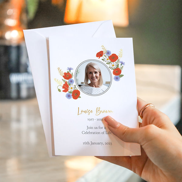 Foil Funeral Celebration of Life Invitations - Poppies & Daisies