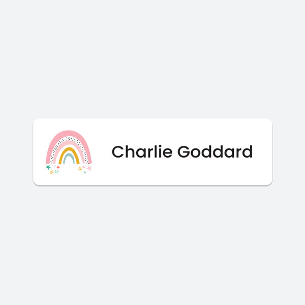 Medium Personalised Stick On Waterproof (Clothing/Equipment) Name Labels - Chasing Rainbows - Pack of 36