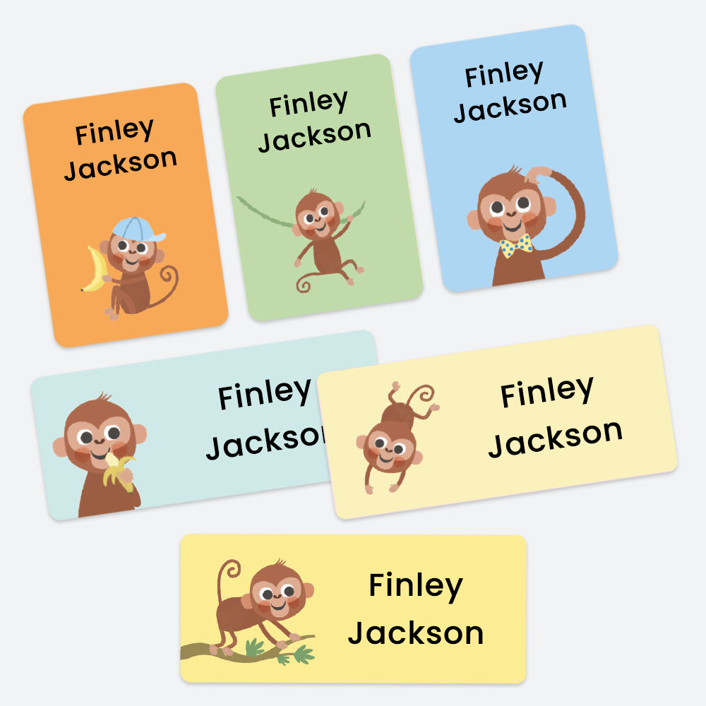 Mixed Pack Personalised Stick On Waterproof Name Labels - Cheeky Monkeys - Pack of 43