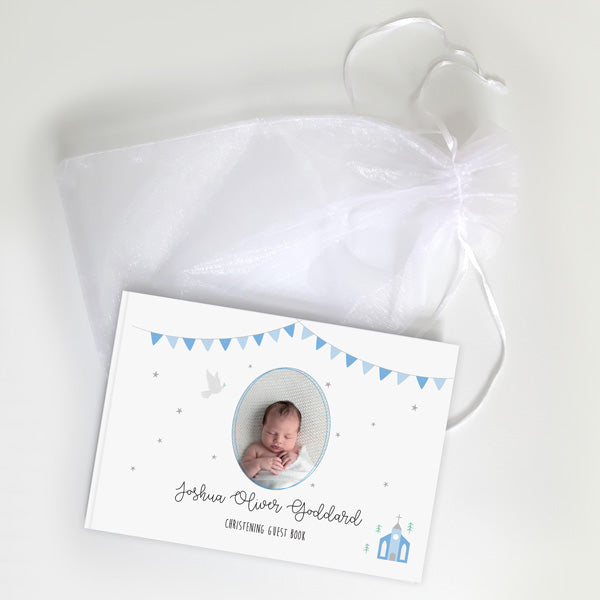 Cute Blue Church - Christening Guest Book - Use Your Own Photo