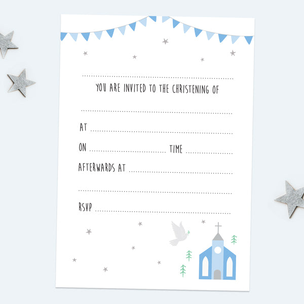 Christening Invitations - Cute Blue Church - Pack of 10