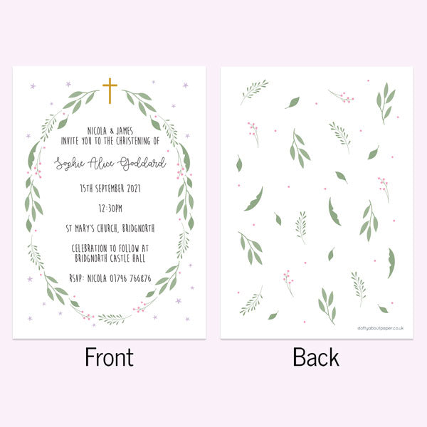 Christening Invitations - Girls Foliage Wreath - Pack of 10
