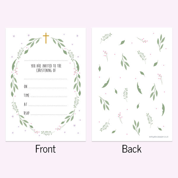 Christening Invitations - Girls Foliage Wreath - Pack of 10