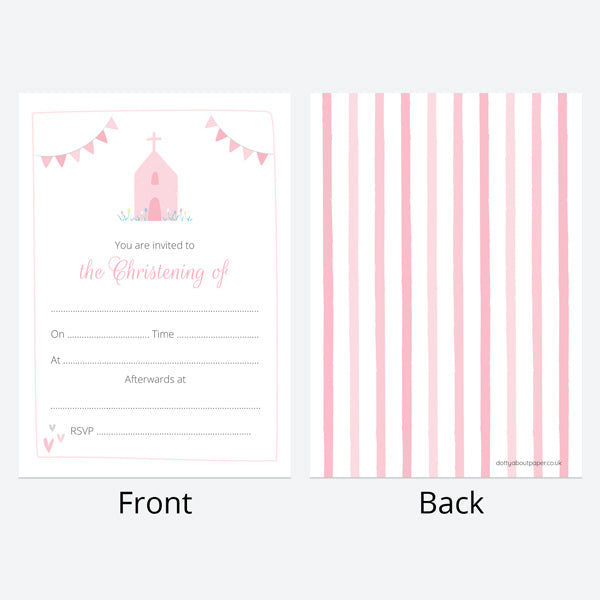 Christening Invitations - Pink Church & Bunting - Pack of 10