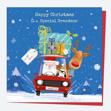 Christmas Card - Santa & Rudolph Fun - Car - Grandson